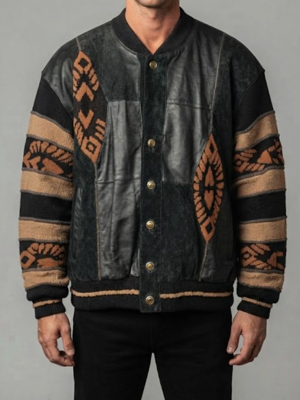 90s Vintage Maxini Leather Suede Patchwork Aztec Knit Statement Bomber L